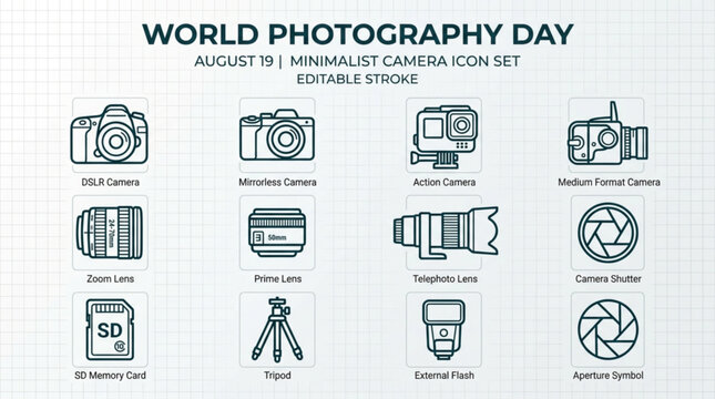Minimalist camera equipment icon set for photography day with representing various photography
