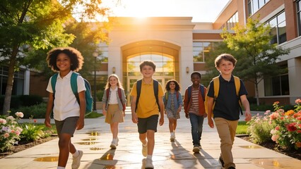 Fototapeta premium Happy diverse students walking together outside towards their modern school building