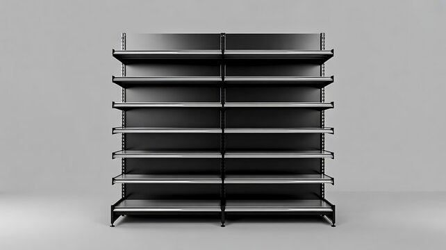 Modern black metal retail display shelving unit isolated on gray background