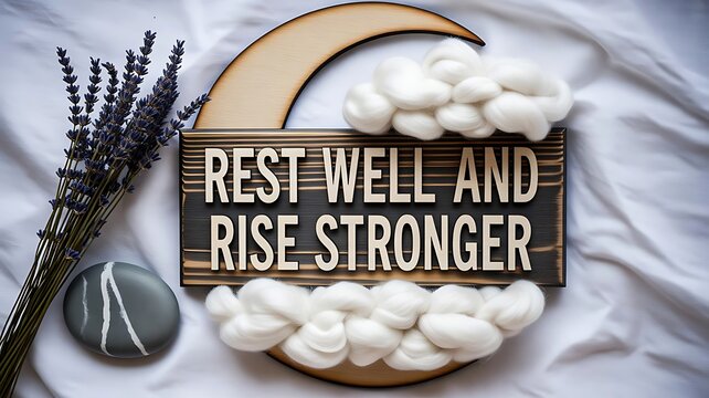 Rest Well and Rise Stronger Inspirational Wellness Quote with Lavender and Moon Decor