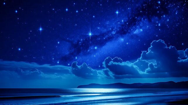 Starry Night Sky Over Calm Ocean with Glowing Moonlight and Peaceful Clouds