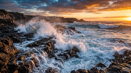 Fototapeta premium Powerful Ocean Waves Crashing Against Jagged Coastal Rocks During a Dramatic Golden Sunset Sky