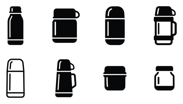 Minimalist thermos icon variations set, premium vector line art bundle for digital marketing, clean geometric horizontal thermoses graphic designs for creative branding projects isolated on wh