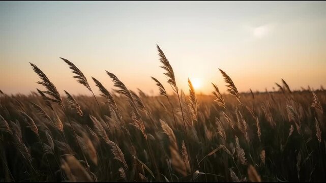 Golden marsh reed field at sunset with warm golden light and tall grass swaying in breeze