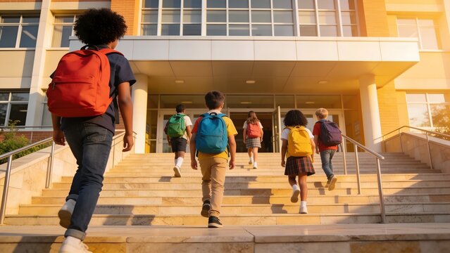 Diverse group of young students walking into school building stairs