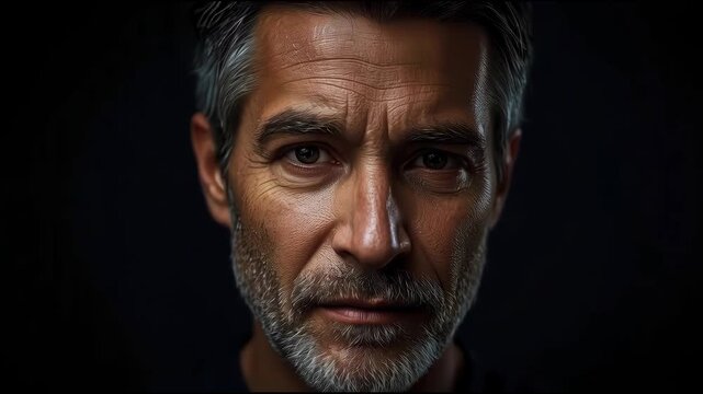 Mature man portrait with dramatic low key lighting, contemplative expression, textured gray beard