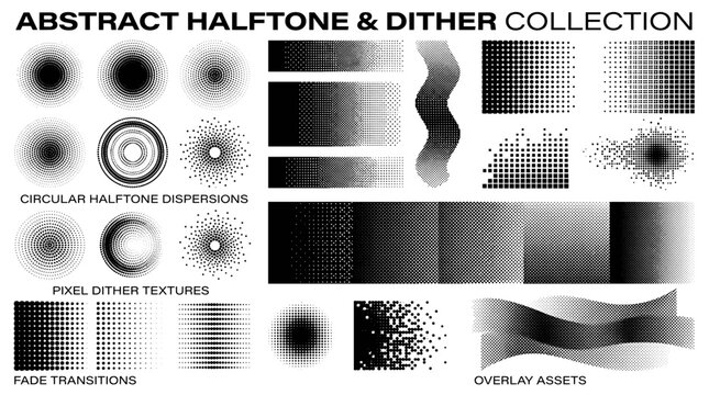 Abstract halftone, dither textures, overlay assets, graphic design elements isolated on White Background
