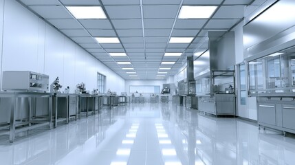 Obraz premium Sterile, well-lit laboratory hallway with equipment and scientific workstations