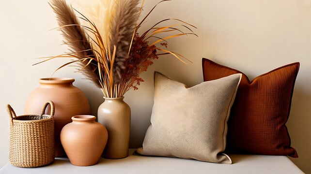 Modern boho home decor with ceramic vases dried pampas grass and cozy neutral cushions
