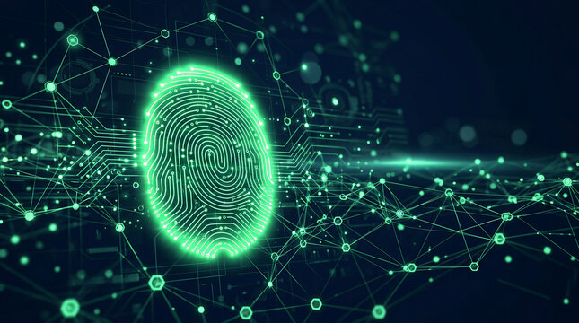 Glowing green biometric fingerprint scan on dark digital background with connected network lines representing cyber security and data protection
