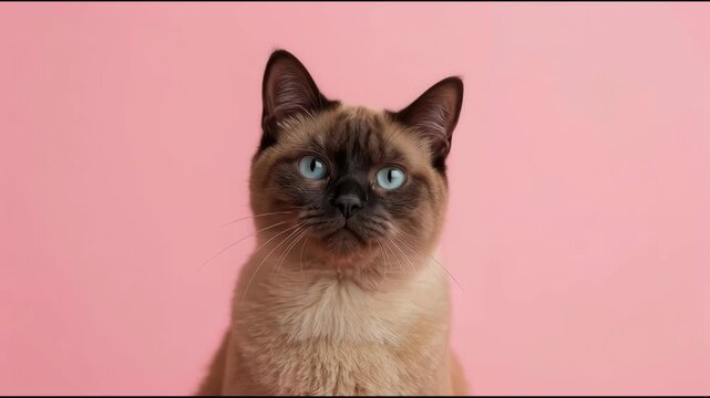 Siamese cat feline portrait blue eye pink background calm elegant attentive smiling charming