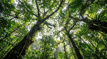 Fototapeta premium Lush Tropical Rainforest Canopy Viewed From Below with Sunlight Filtering Through Dense Green Foliage