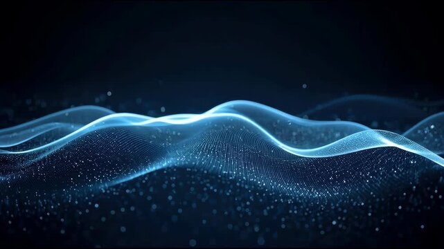 Ethereal blue digital wave landscape with glowing particle grid, abstract flowing wave grid