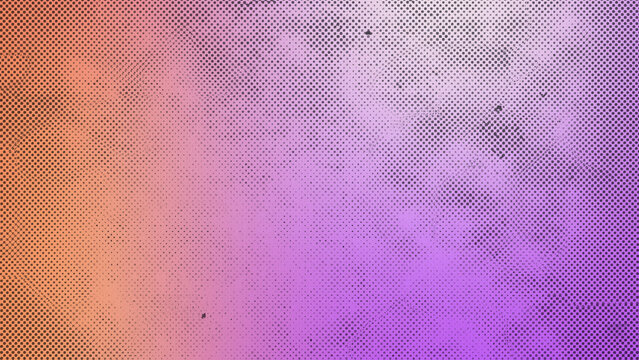 Vibrant halftone gradient background blending warm orange, peach, cool purple. Abstract modern design with subtle grunge texture, ideal for digital art, web banners, presentations, stylish backdrops