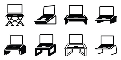 Minimalist laptop stand icon variations set, premium vector line art bundle for digital marketing, clean geometric horizontal stands graphic designs for creative branding projects isolated on  © ArtMint