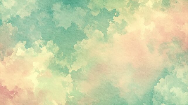 Colorful abstract seamless watercolor pattern with overlapping cloud shaped blots, blended soft green, dusty pink, muted yellow and pale blue organic diffused color edges, wet-on-wet paper texture cov