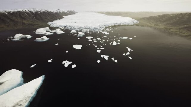 Antarctic channel strewn with icebergs, coastal approach view suggesting navigation and survey operations, scattered floes and dark water create sense of scale