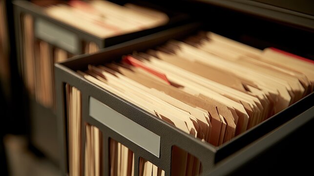 Close-up of open filing cabinet drawers filled with manila folders