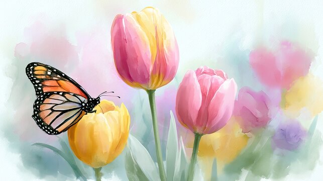 Vibrant tulips and a monarch butterfly bloom in a soft, painterly garden