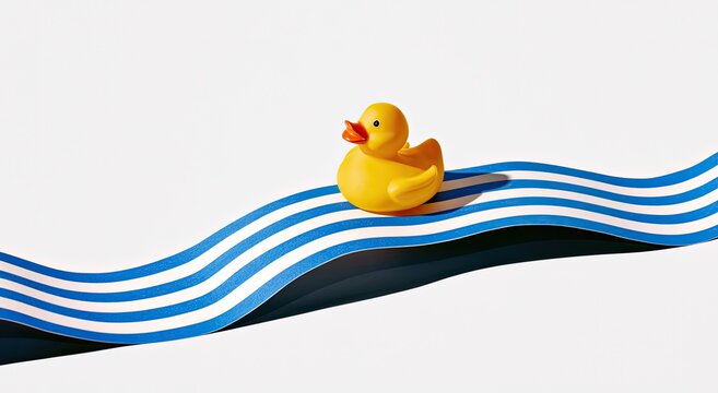 A bright yellow rubber duck toy floats on a wavy blue and white striped ribbon
