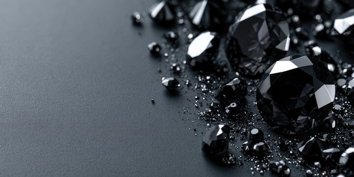 Gleaming black gemstones scattered across a dark, textured surface