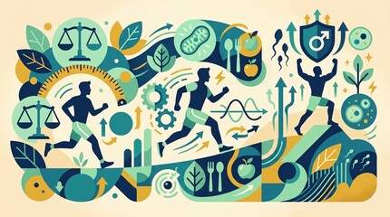 Obraz premium Two men are shown engaging in running and wellness activities while surrounded by symbols of health, fitness, and reproductive health concepts.