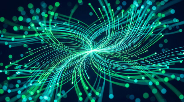 Abstract futuristic blockchain infrastructure with glowing green and blue fiber optic network cables transmitting high speed digital data