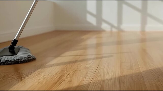 Soft microfiber mop cleaning hardwood floor sunlit room with window reflection and warm atmosphere