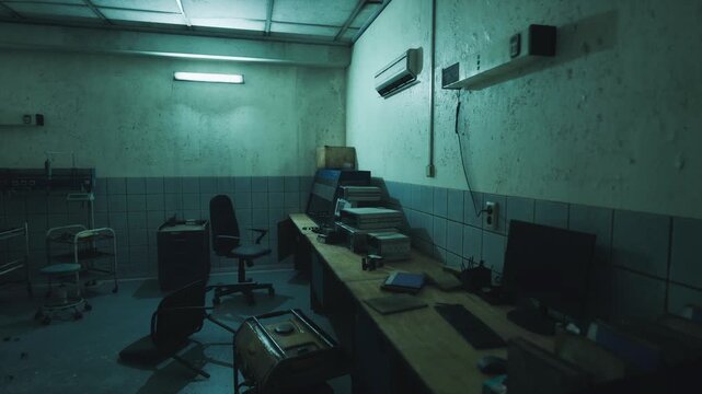 Stacked printers and piles of paperwork on long desk, dusty filing boxes and scattered documents, toner stains on surfaces, empty swivel chairs and tiled