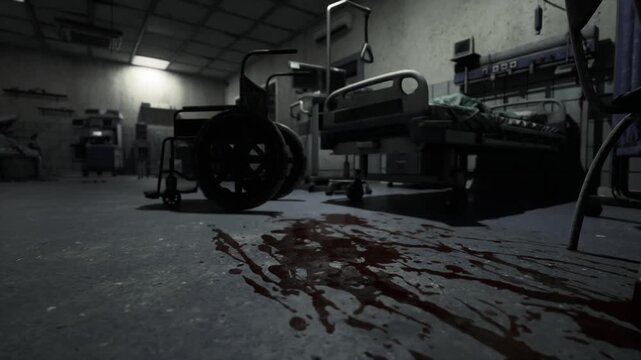 Blood trail across hospital floor leading toward beds and overturned wheelchair, stark ceiling lights, scattered medical devices, urgent forensic atmosphere