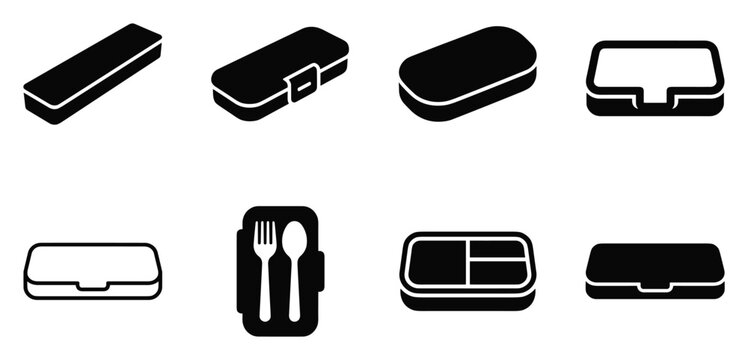 Minimalist lunch utensil case icon variations set, premium vector line art bundle for digital marketing, clean geometric horizontal utensil cases graphic designs for creative branding projects