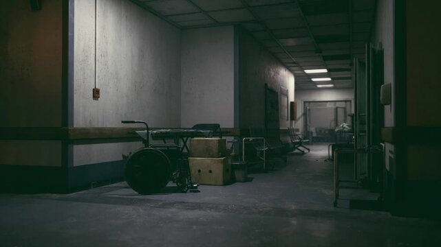 Dystopian hospital corridor under green light with abandoned equipment and stacked boxes, harsh fluorescent tone, oppressive quiet and cinematic tension.