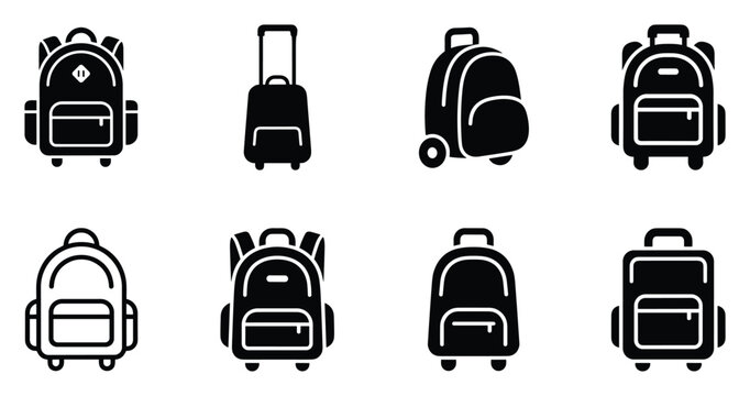 Minimalist rolling backpack icon variations set, premium vector line art bundle for digital marketing, clean geometric horizontal backpacks graphic designs for creative branding projects isola