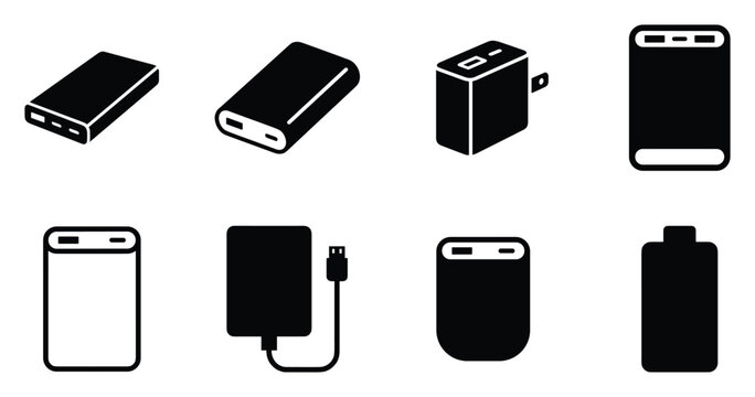 Minimalist power bank icon variations set, premium vector line art bundle for digital marketing, clean geometric horizontal chargers graphic designs for creative branding projects isolated on 