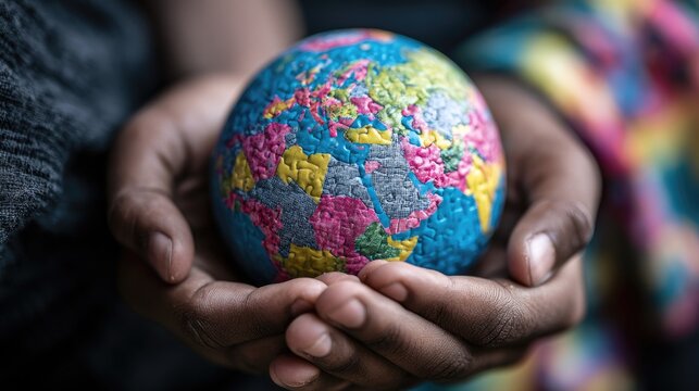 Two cupped hands gently hold a small, brightly colored globe