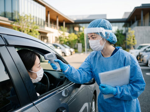 病院の駐車場で車内にいる発熱患者に検温と問診を行う医療用防護服を着用した女性