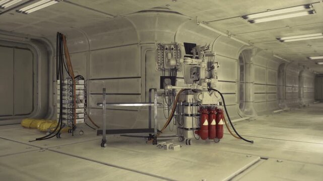 Dim engine bay corridor showing central power unit, trailing cable racks, wallmounted connectors, maintenance trolley, industrial lighting and worn metal floor.