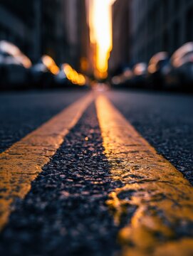 Low angle view down a street with double yellow lines, city buildings, and sunset