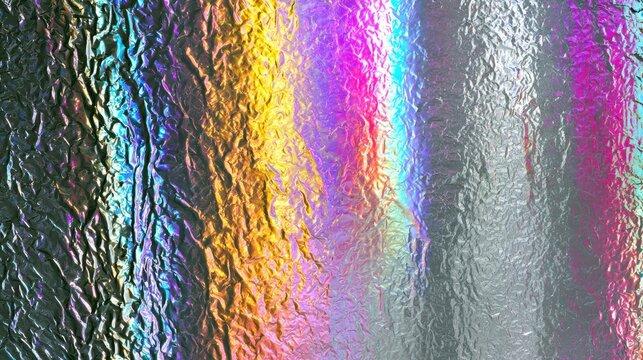 Abstract shimmering, crinkled metallic surface with rainbow color spectrum