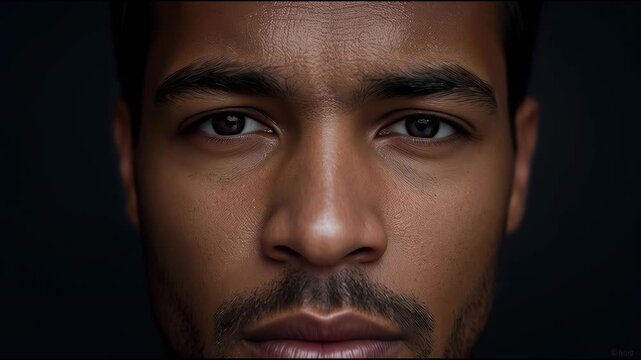 Young man portrait close up face brown skin thoughtful gaze moody dramatic lighting