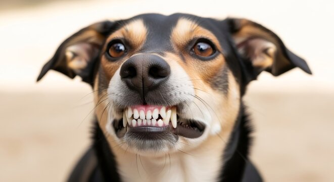 Aggressive dog baring teeth with snarling expression. Close up portrait of brown and black canine showing aggression, warning sign of danger. Veterinary concept of unhealthy behavior.