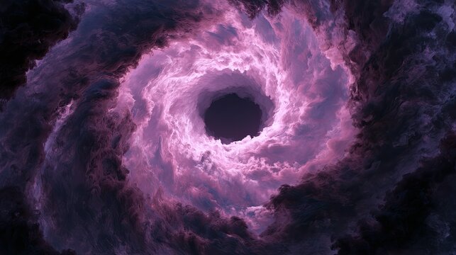 Cosmic vortex of swirling purple and dark clouds opening to a deep abyss