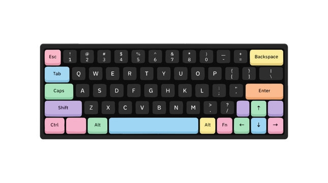 Colorful Mechanical Keyboard: A compact mechanical keyboard with black keys and a vibrant arrangement of pastel-colored modifier keys (Shift, Ctrl, Tab, Caps Lock, Enter.