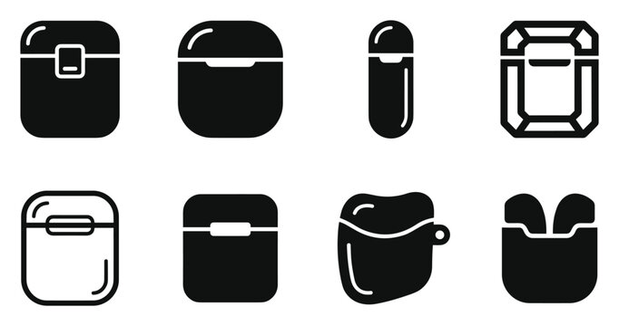 Minimalist earbud case icon variations set, premium vector line art bundle for digital marketing, clean geometric horizontal cases graphic designs for creative branding projects isolated on wh