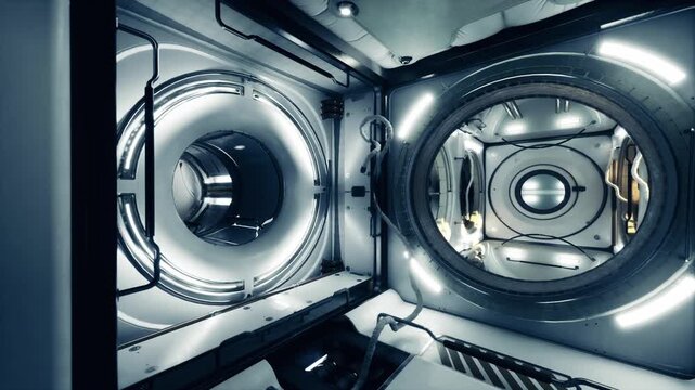 Twin space station modules, mirrored bays and repeating circular portals, balanced symmetry, access hatches, soft LEDs and engineered connectors