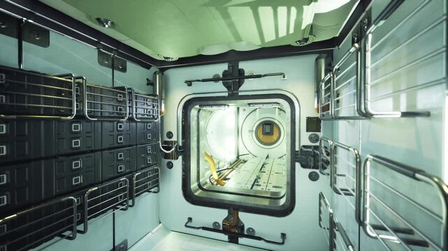 Interior visualization of space station with storage and illumination. Detailed depiction of space station interior showcasing racks hatch and lighting