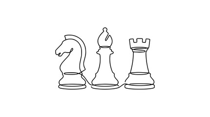 Continuous line drawing of chess pieces: knight, bishop, rook on white background © Cici