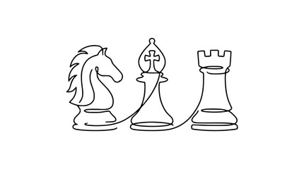 Continuous line drawing of chess pieces: knight, bishop, rook. Strategy, game, competition concept. © Cici