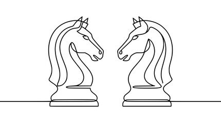 Two chess knights facing each other, continuous line drawing, strategic competition concept © Cici