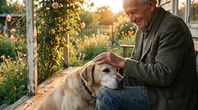 Peaceful elderly man sitting in a sunny garden petting his loyal golden retriever dog at sunset.